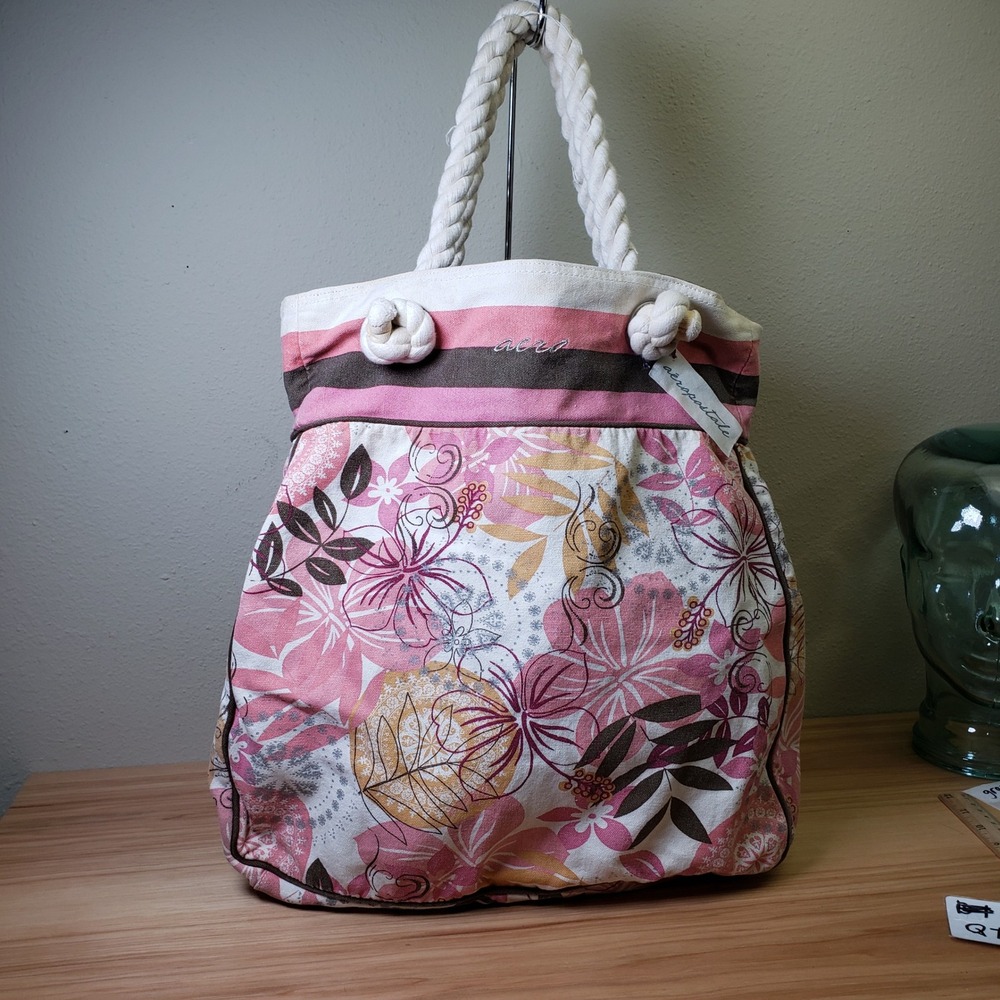 Y2K Aero Rope Handle Tote Bag Pink Brown Tropical Floral Surfer Girl Boho Beach